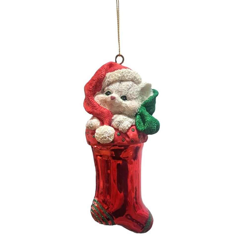 Cat in Stocking Christmas Ornament Gift Cat Lady Santa Hat 7 Inches Tall